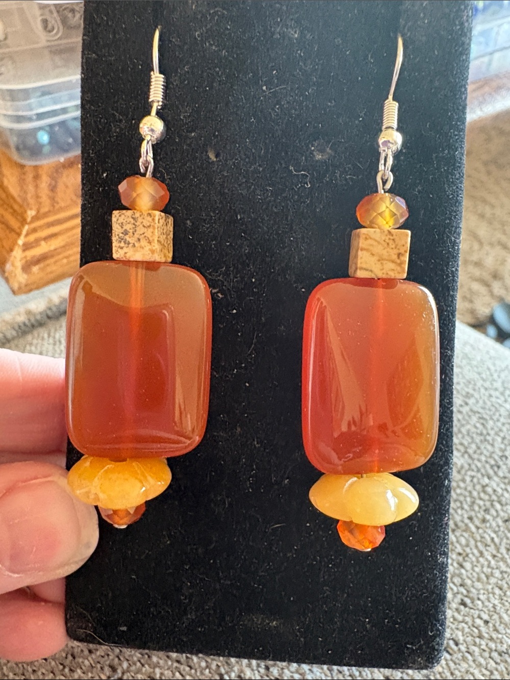 Hand Crafted Carnelian and Amber Beaded Drop Earrings